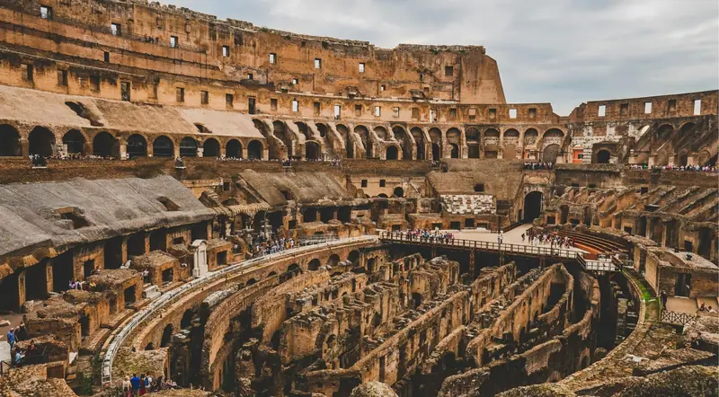 Interior of the Colosseum showing the arena floor and underground chambers