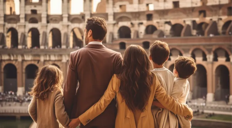 A family looking across at the Colosseum in Rome on a clear day
